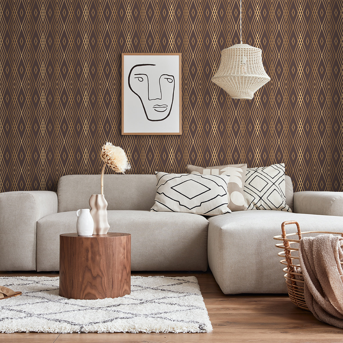 Papier peint intissé pré-encollé - SCANDINAVE ART DÉCO LOSANGES CHOCOLAT - 1 rouleau