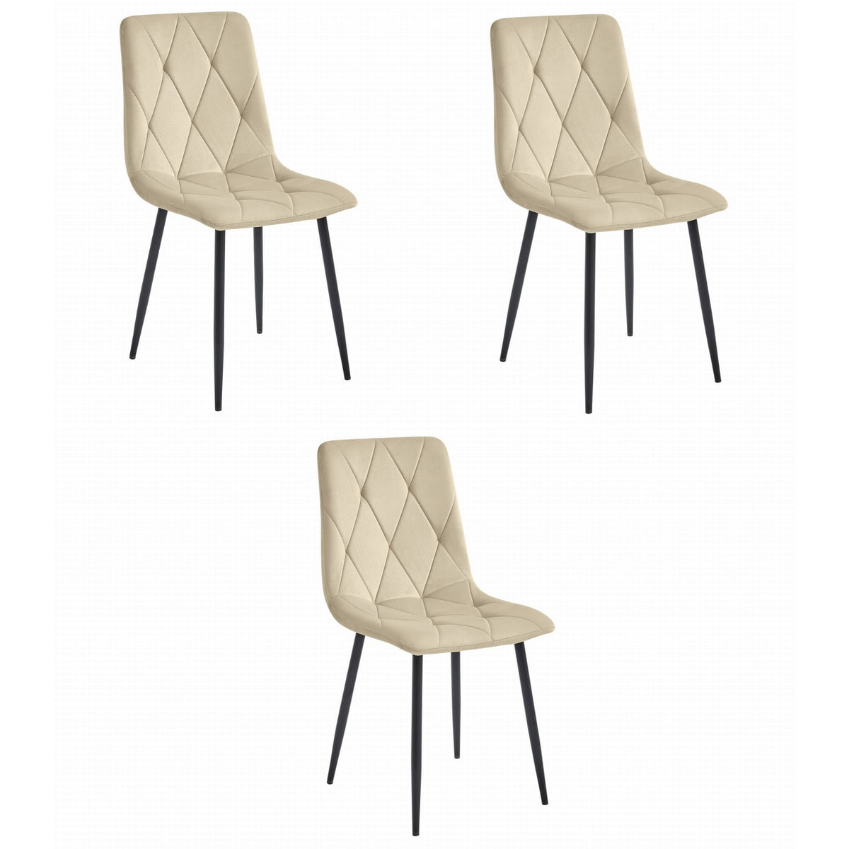 Set di 3 Sedie Libra in Velluto Beige con Gambe Nere