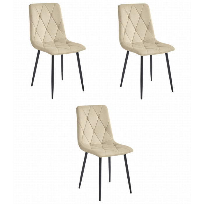 Set di 3 Sedie Libra in Velluto Beige con Gambe Nere