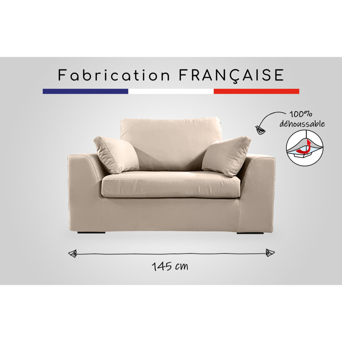 Fauteuil XL TRESSIN 145 cm fixe tissu coton Taupe - 100% déhoussable - Fab. France