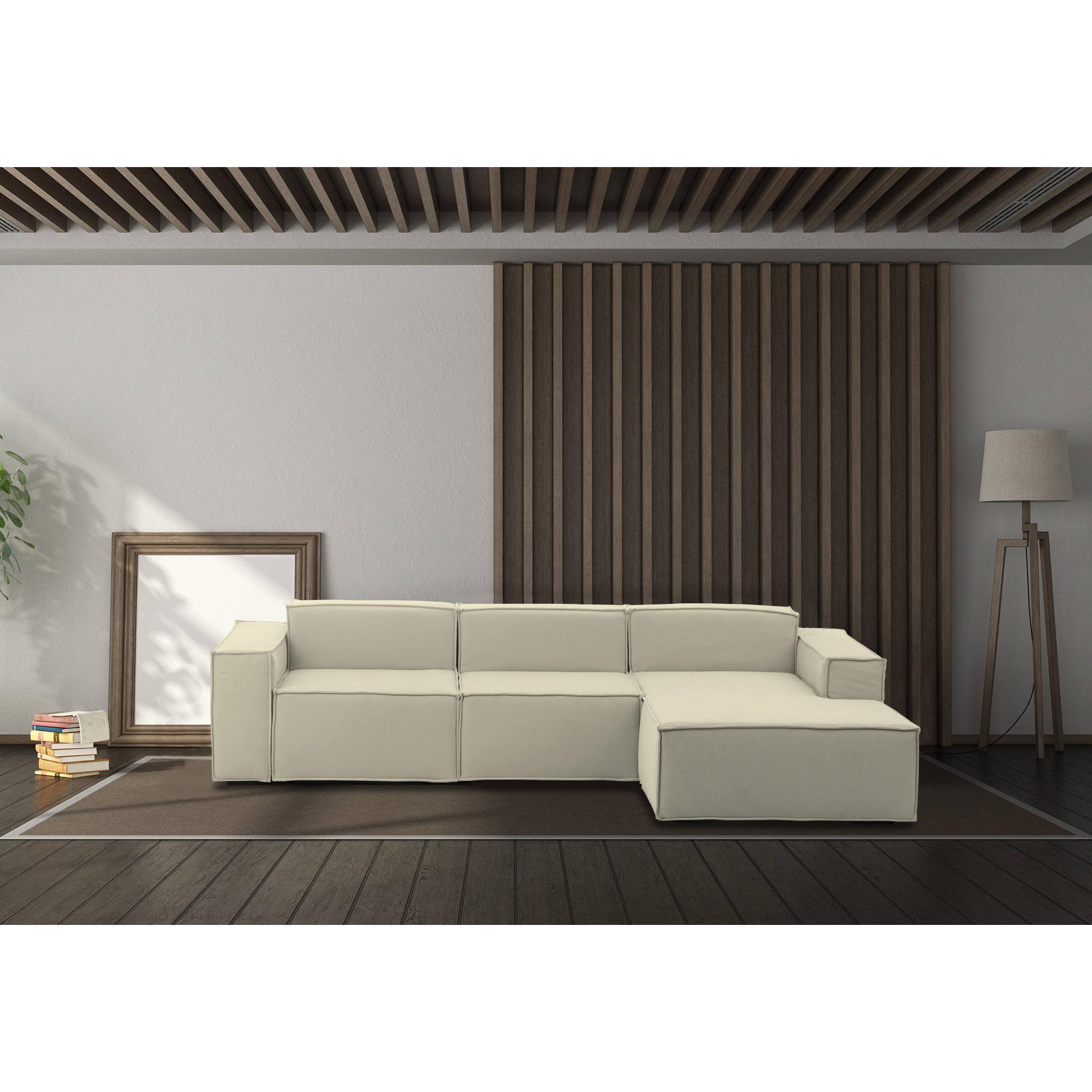 Divano fisso Giovanna, Divano componibile a 3 posti con penisola destra, 100% Made in Italy, Sofà moderno in tessuto, Cm 300x170h70, Beige