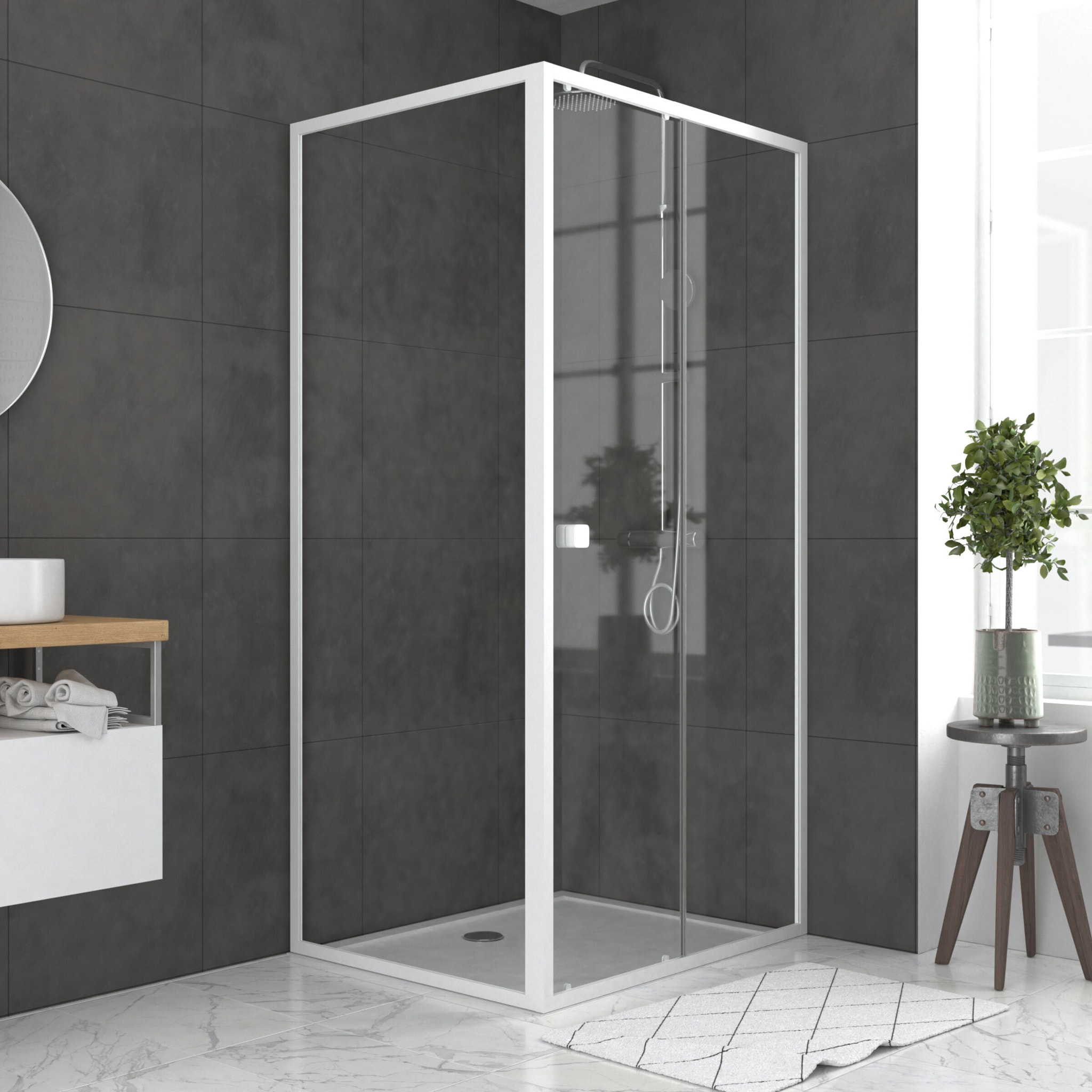 Pack porte de douche Coulissante blanc 100X185 cm + paroi de retour 80cm + receveur à poser - WHITY