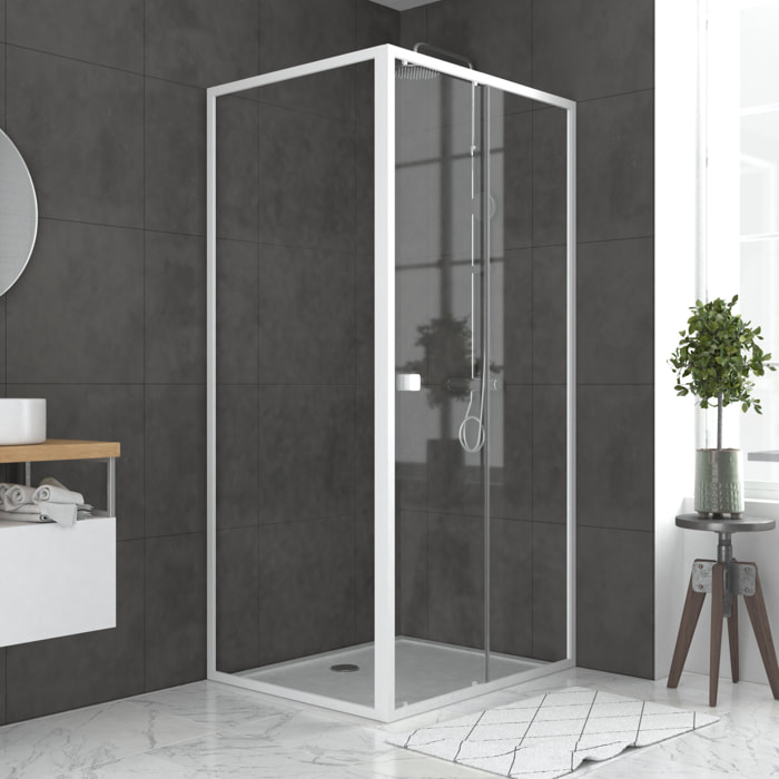 Pack porte de douche Coulissante blanc 100X185 cm + paroi de retour 80cm + receveur à poser - WHITY