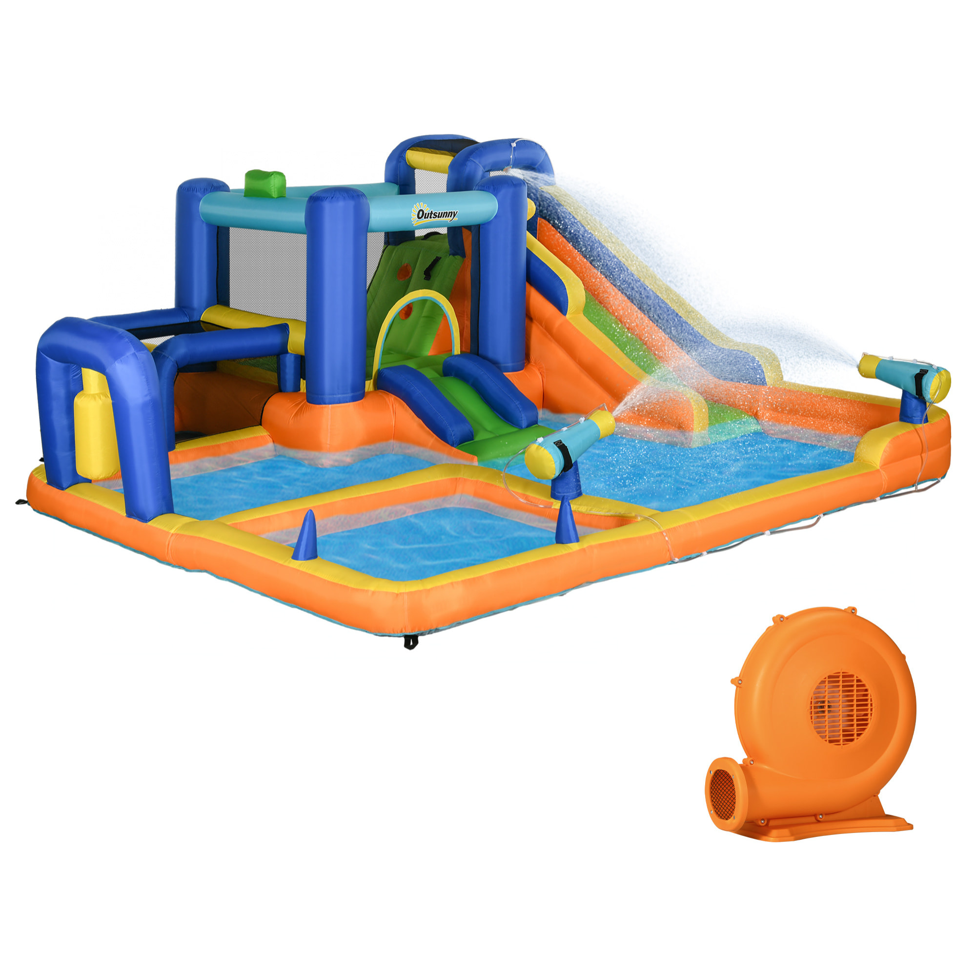 Outsunny Castillo Hinchable Infantil 7 en 1 Castillo Hinchable para Niños con Tobogán Piscina Muro de Escalada Inflador y Bolsa de Transporte 430x420x200 cm Multicolor