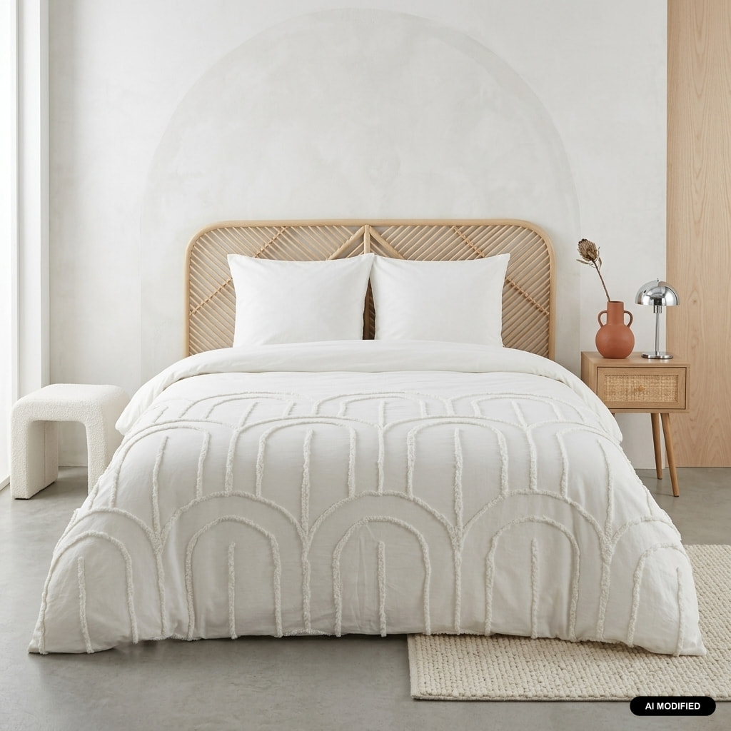 Parure de lit coton lavé tufté motif arches rétro 2 places blanc HERA