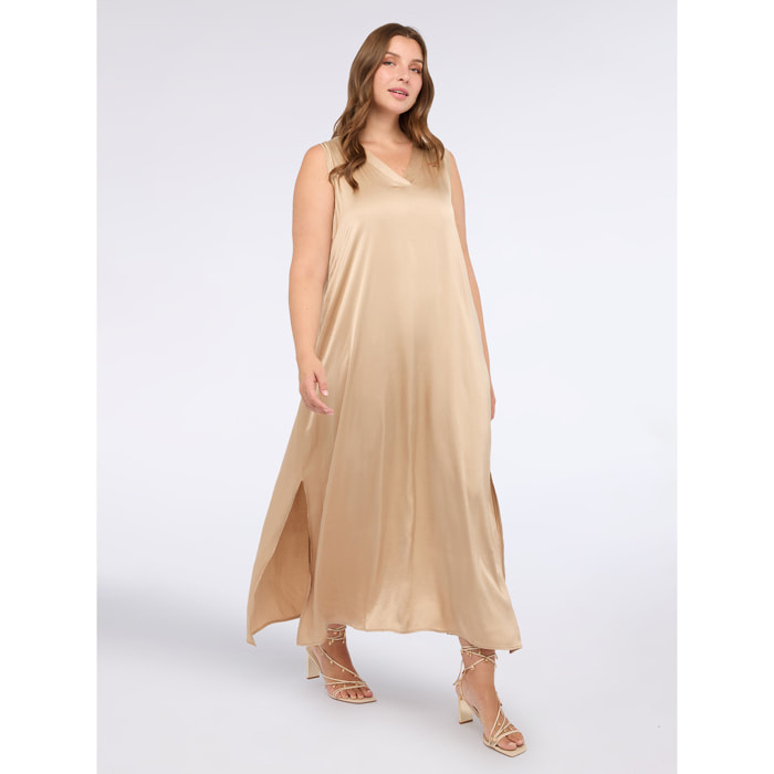 Fiorella Rubino - Vestido largo de satén elástico con escote en V - Oro