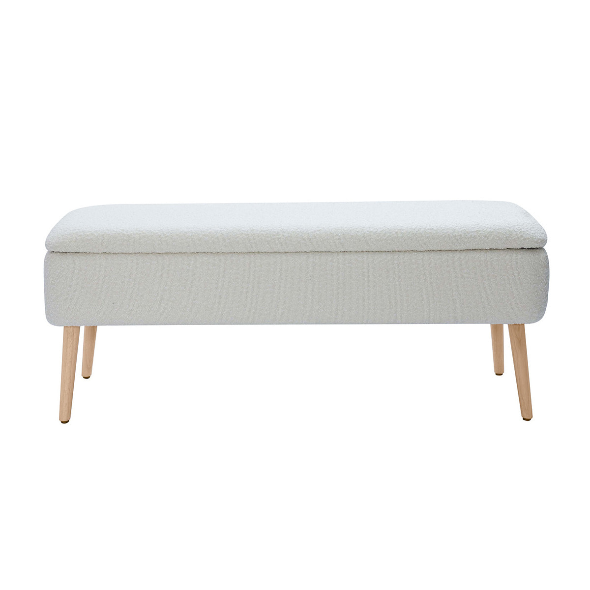 Banc coffre effet laine bouclée blanc et bois clair massif L120 cm LARS
