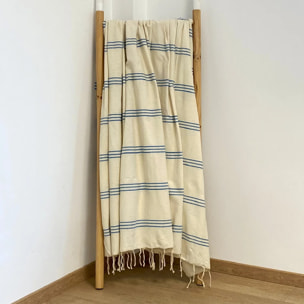 Fouta plate traditionnelle XL - Calliope Écru/Turquoise - 190g/m²