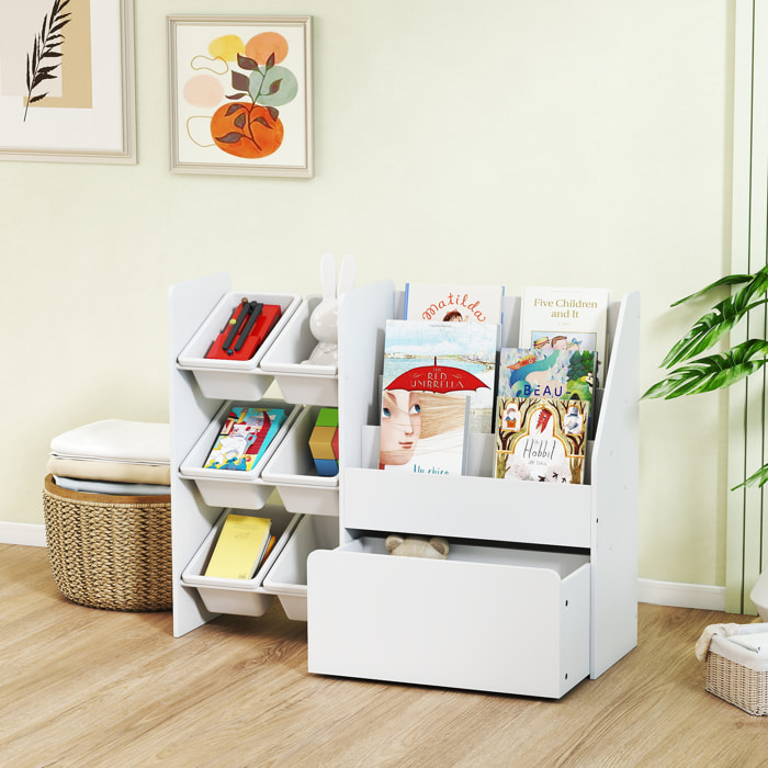 Rangement enfant 3 en 1 - structure bacs x 6, coffre à jouet, bibliothèque - blanc