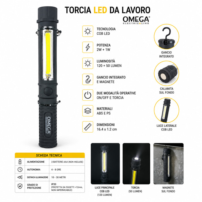OMEGA Torcia Tascabile LED COB Pen Light Magnetica con Gancio 120+50 Lumen