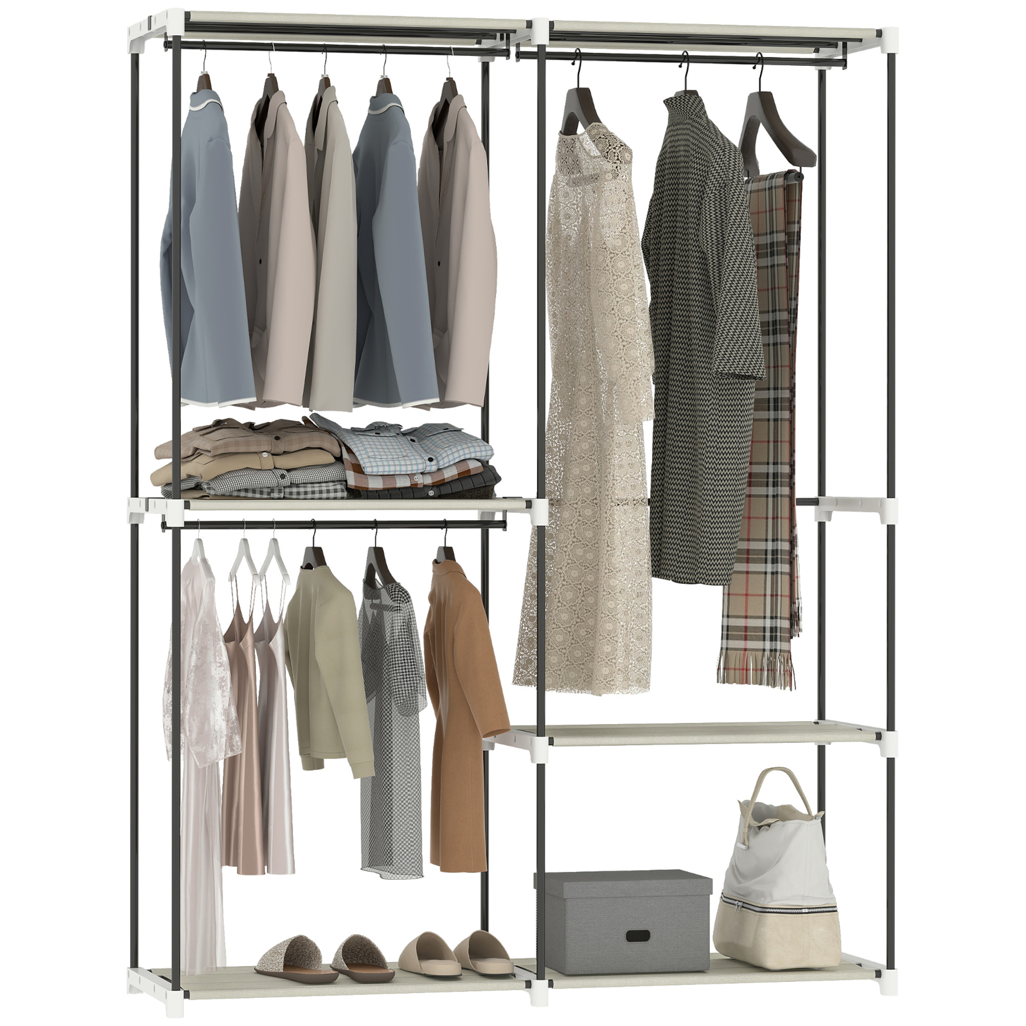 Armario de Ropa, Perchero, 142x43x185 cm, Armario Abierto con 4 Estantes de Tela, 3 Barras para Colgar, Marco de Metal, para Dormitorio, Salón, Vestidor, Crema