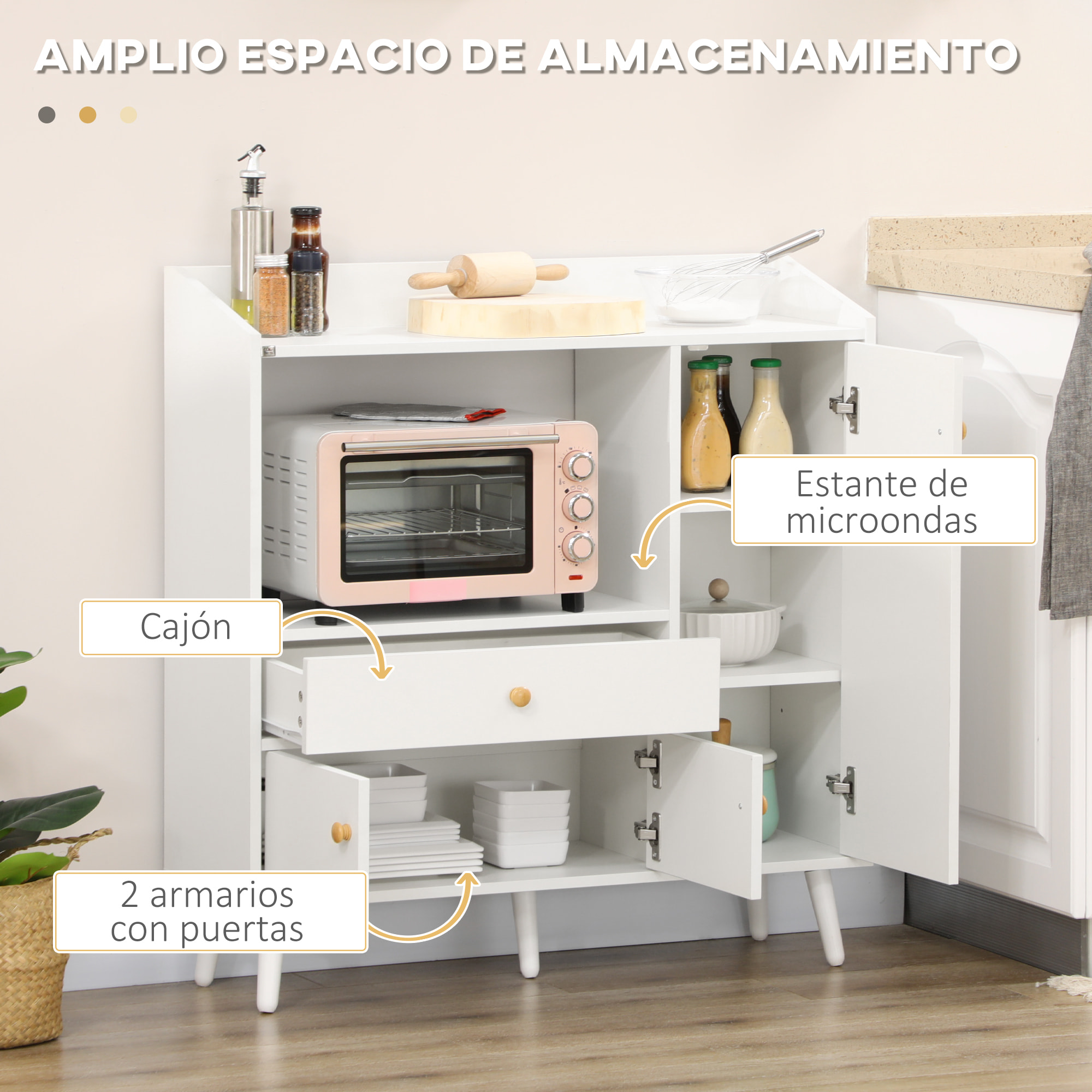 Aparador de Cocina para Microondas Armario Bajo de Cocina Mueble Auxiliar de Comedor con 3 Puertas Cajón y Compartimientos 90x30x94 cm Blanco