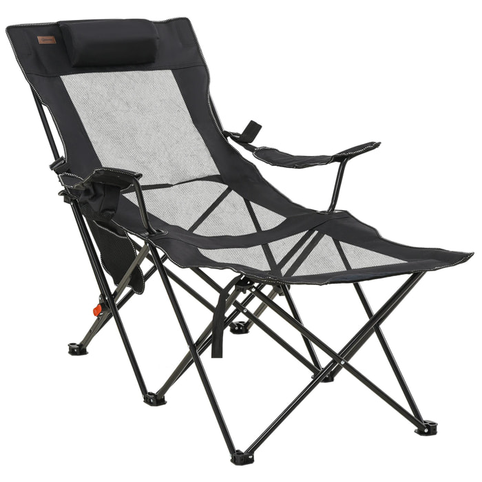Chaise de camping pliable réglable - repose-pied, porte-gobelets, tétière, pochette, sac transport - noir
