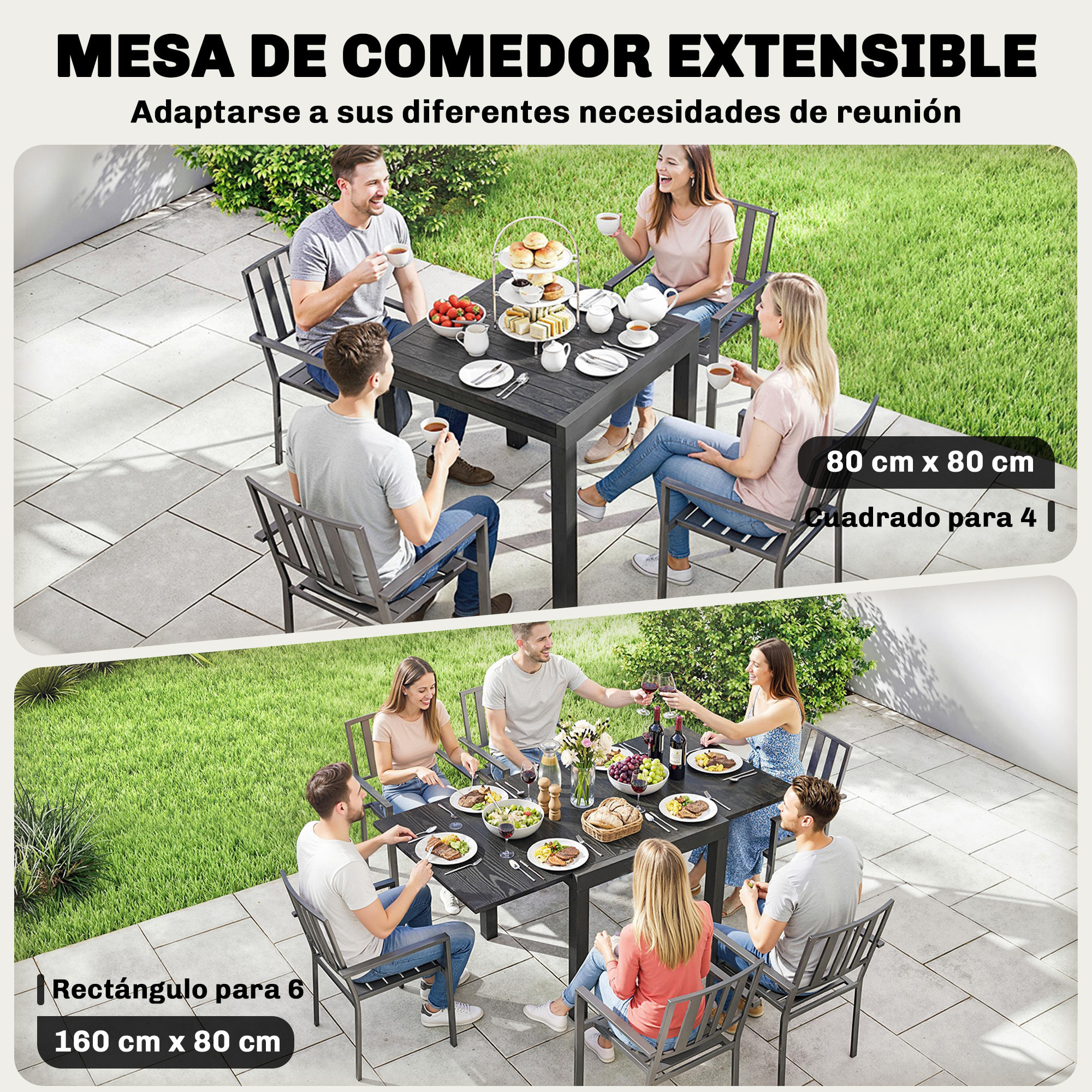 Mesa de Jardín Extensible 80/160x80 cm, Mesa de Comedor Exterior Extensible Rectangular de Aluminio, con Superficie de Lamas de Efecto Madera, para 4-6 Personas, para Patio, Terraza, Negro