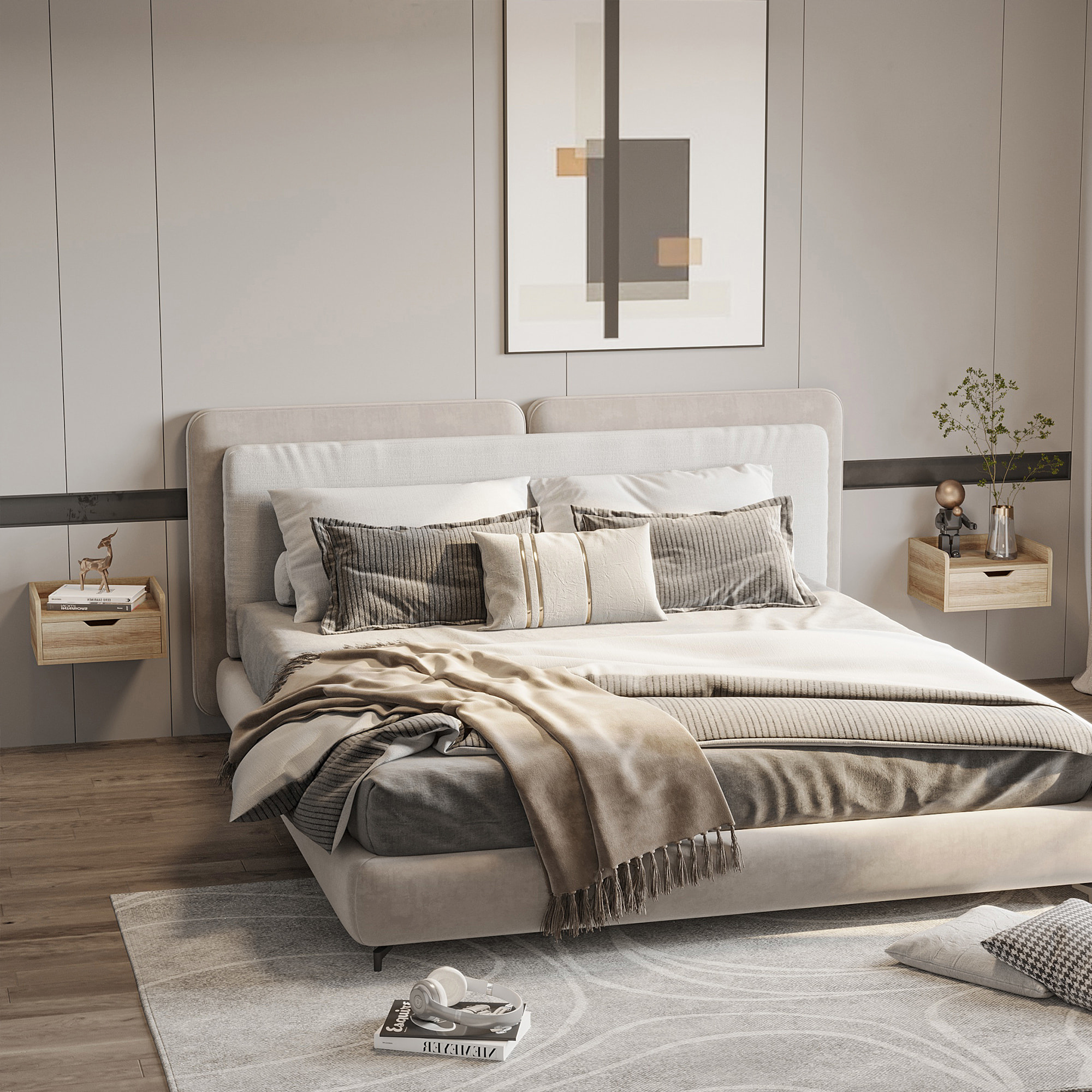 Set de 2 Mesitas de Noche Flotantes Mesillas de Noche de Pared con Cajón para Dormitorio Habitación Hogar Diseño Sencillo 40x30x19,5 cm Madera Natural