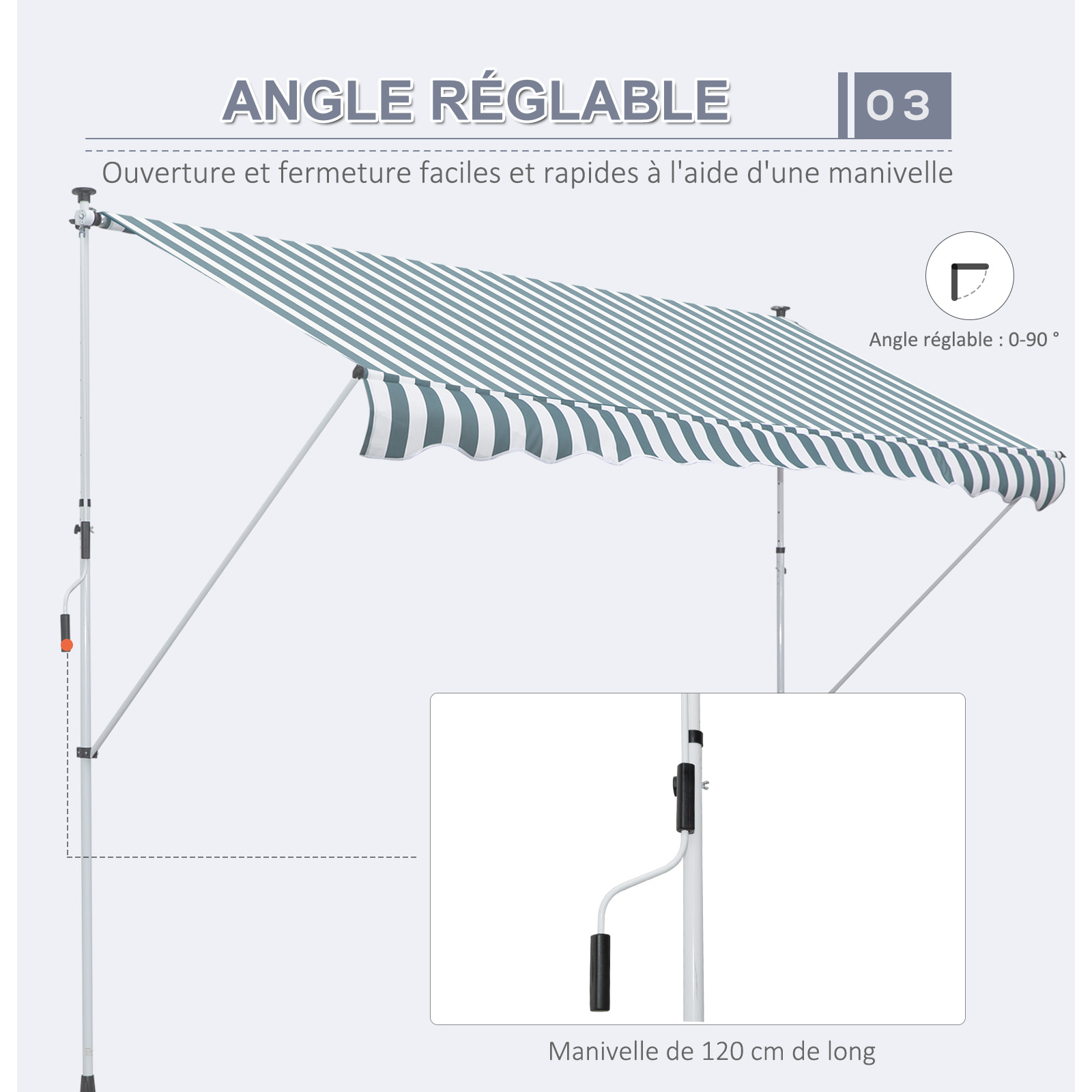 Store banne manuel rétractable 3L x 1,5l m inclinaison et hauteur réglable installation rapide métal alu polyester anti-UV vert blanc rayé