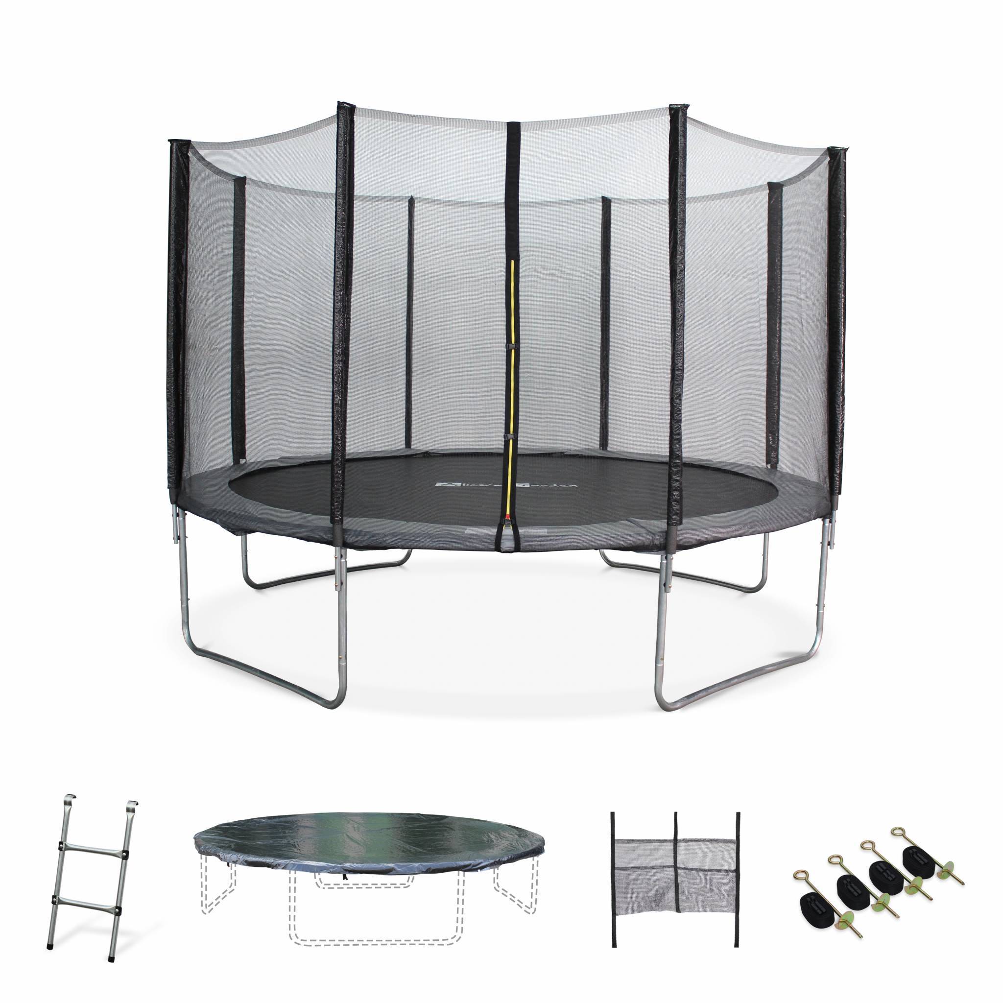 Trampoline 370cm - Saturne XXL Gris - avec filet de protection. échelle. bâche. filet pour chaussures. kit d'ancrage. trampoline de jardin 370 cm |Qualité PRO |Normes EU