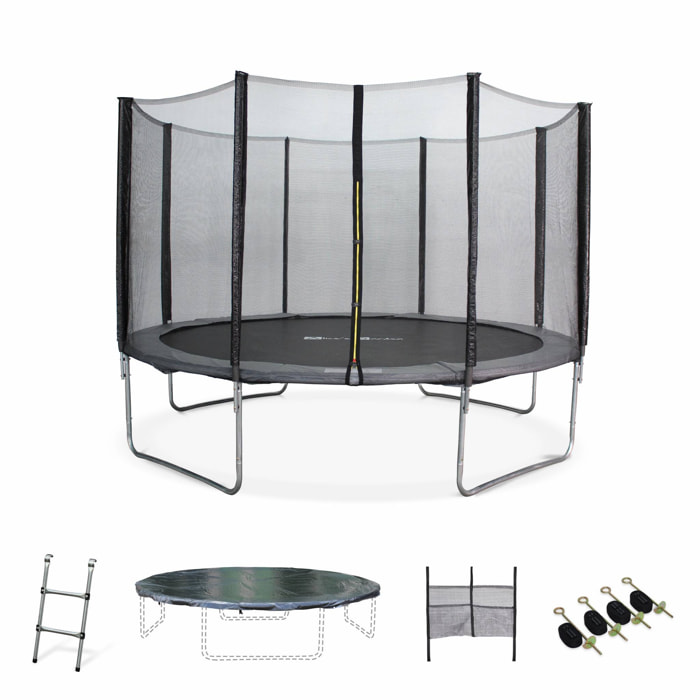 Trampoline 370cm - Saturne XXL Gris - avec filet de protection. échelle. bâche. filet pour chaussures. kit d'ancrage. trampoline de jardin 370 cm |Qualité PRO |Normes EU