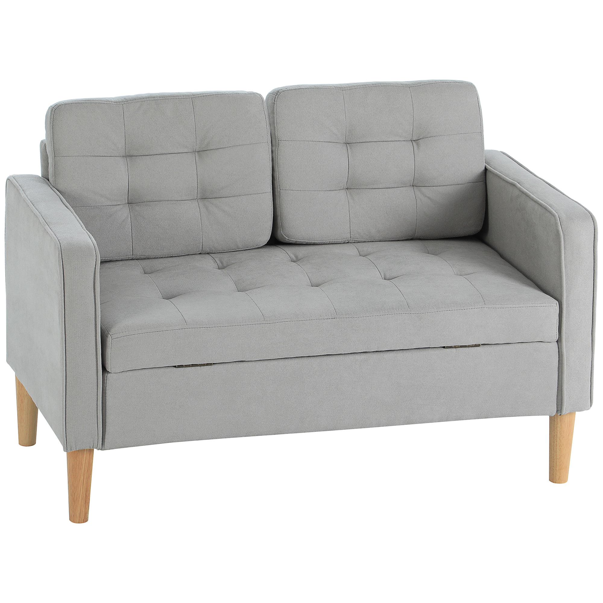 Sofá de 2 Plazas con Espacio de Almacenamiento, Sofá Moderno de Terciopelo con Patas de Madera, Respaldo Capitoné, para Salón, Dormitorio, Oficina, 117x62x78 cm, Gris Claro