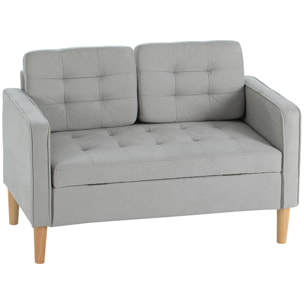 Sofá de 2 Plazas con Espacio de Almacenamiento, Sofá Moderno de Terciopelo con Patas de Madera, Respaldo Capitoné, para Salón, Dormitorio, Oficina, 117x62x78 cm, Gris Claro