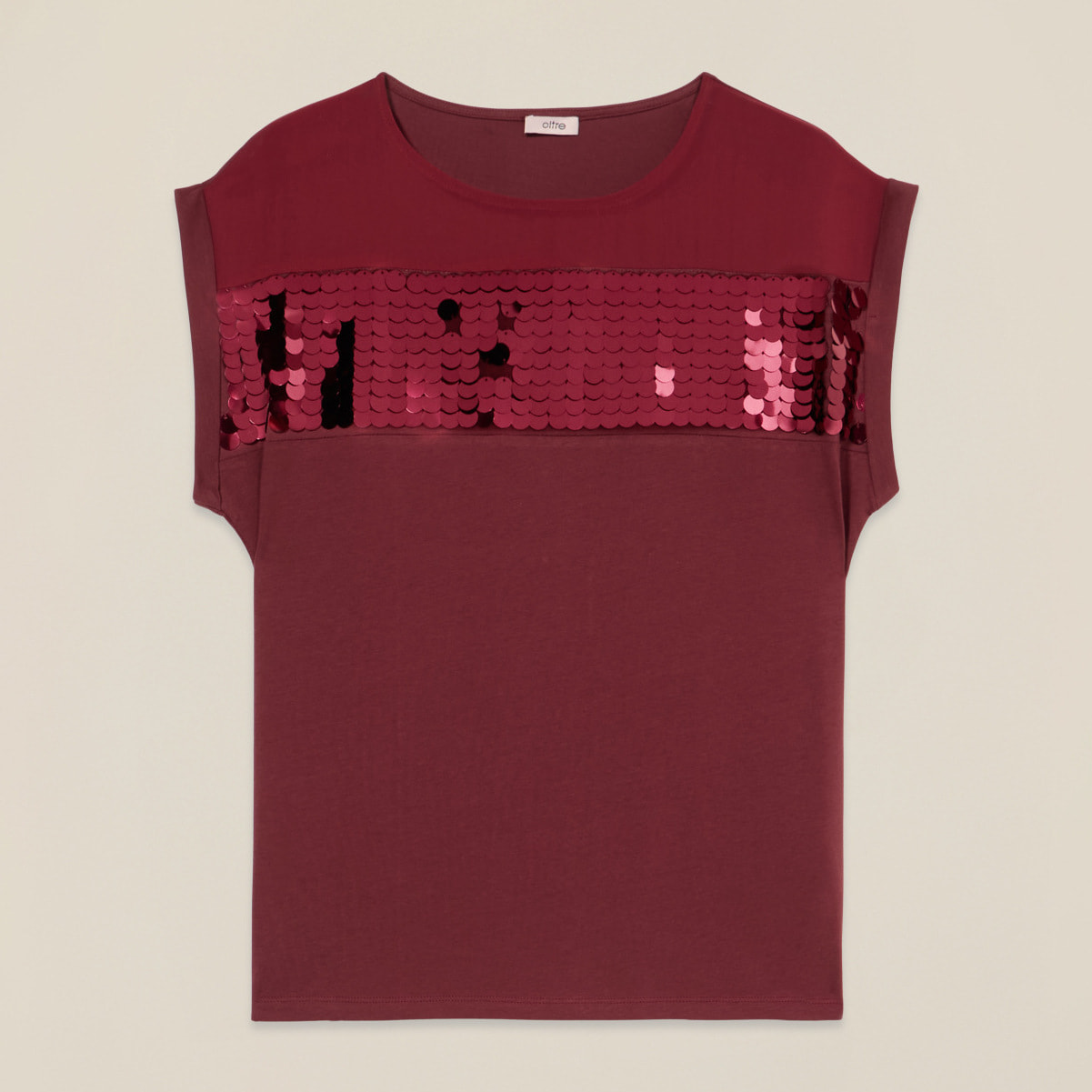 Oltre - Camiseta de dos materiales con lentejuelas - Burgundy