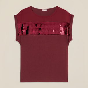 Oltre - Camiseta de dos materiales con lentejuelas - Burgundy