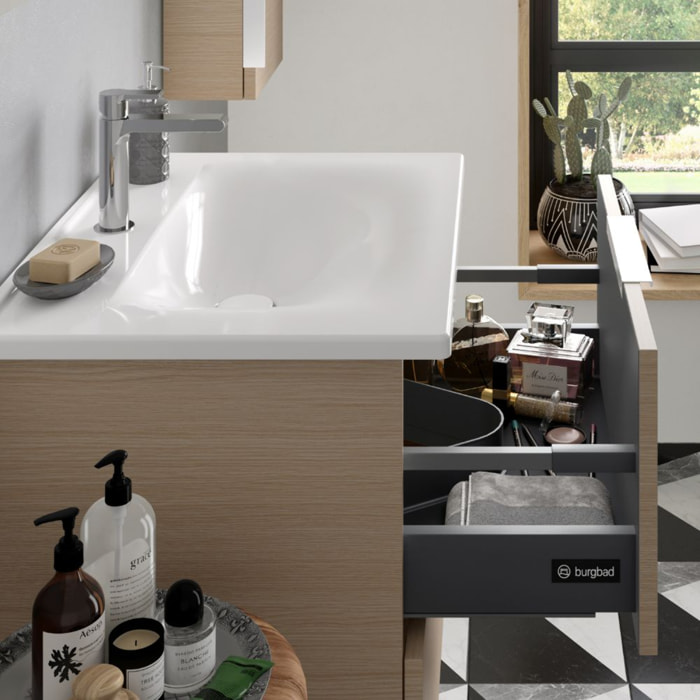 Meuble vasque 120 cm BURGBAD Olena chêne clair + colonne de salle de bain