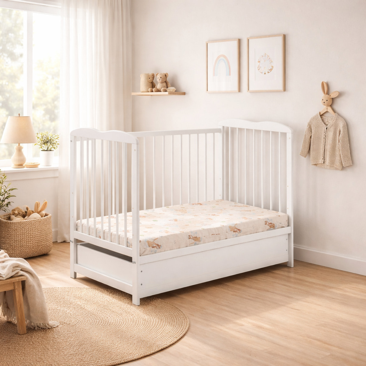 Culla Con Cassetto Contenitore Sponde Removibili E Materasso Incluso Altezza Regolabile Rete A Doghe Design Moderno 89 x 124 x 65 Cm Bianco Opaco