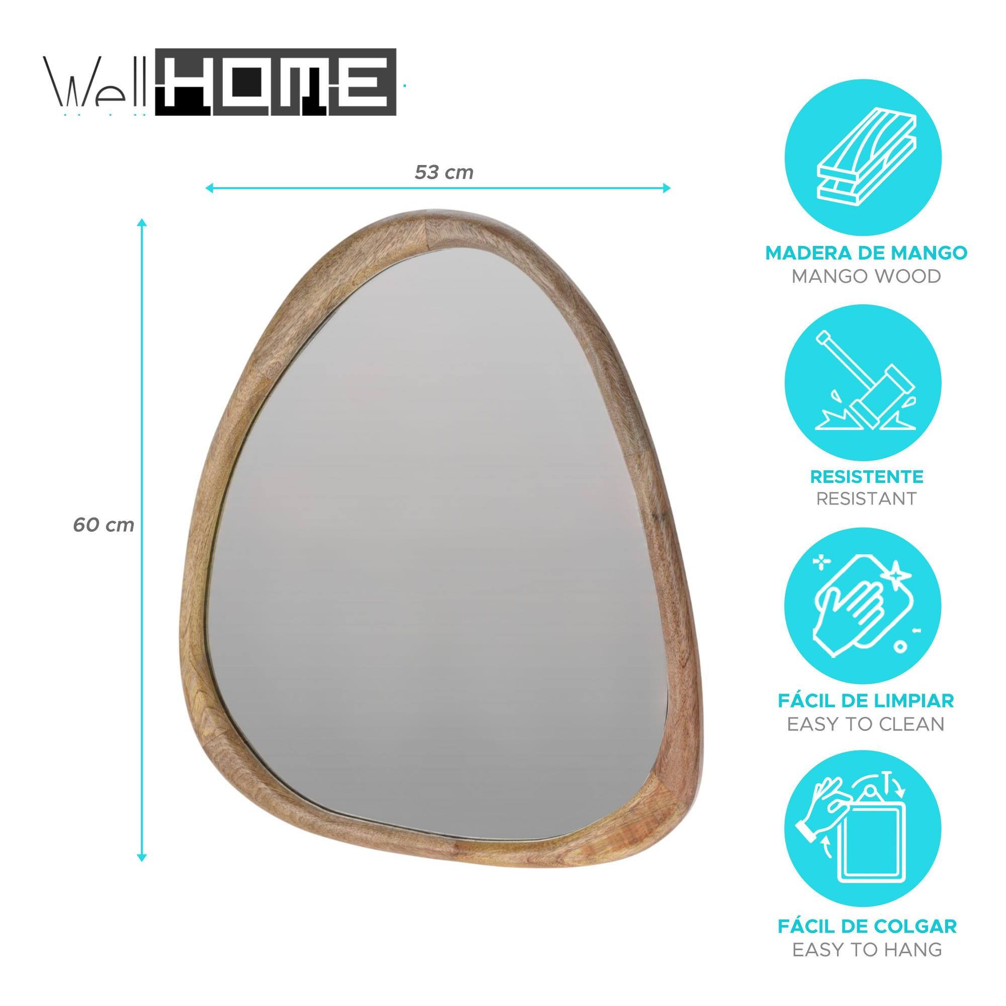 WELL HOME Espejo irregular 53x2,5x60cm marco de madera de mango natural en madera acabado natural para entrada, salón o dormitorio
