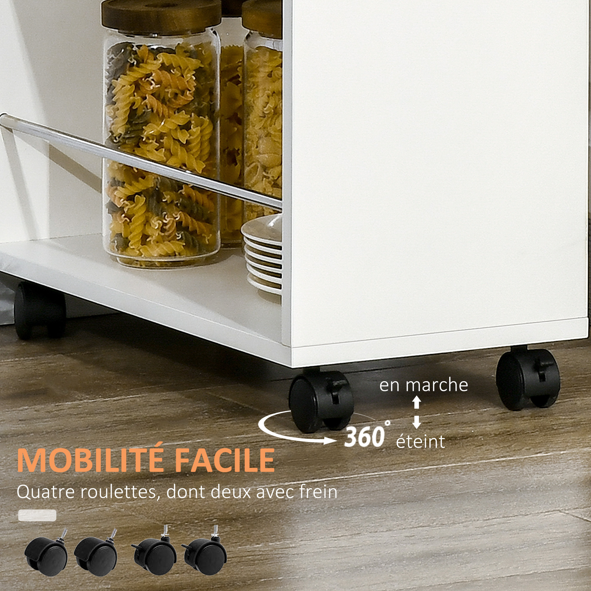 Chariot desserte de cuisine - tiroir, 2 étagères - dim. 25L x 50l x 85H cm - panneaux acier blanc