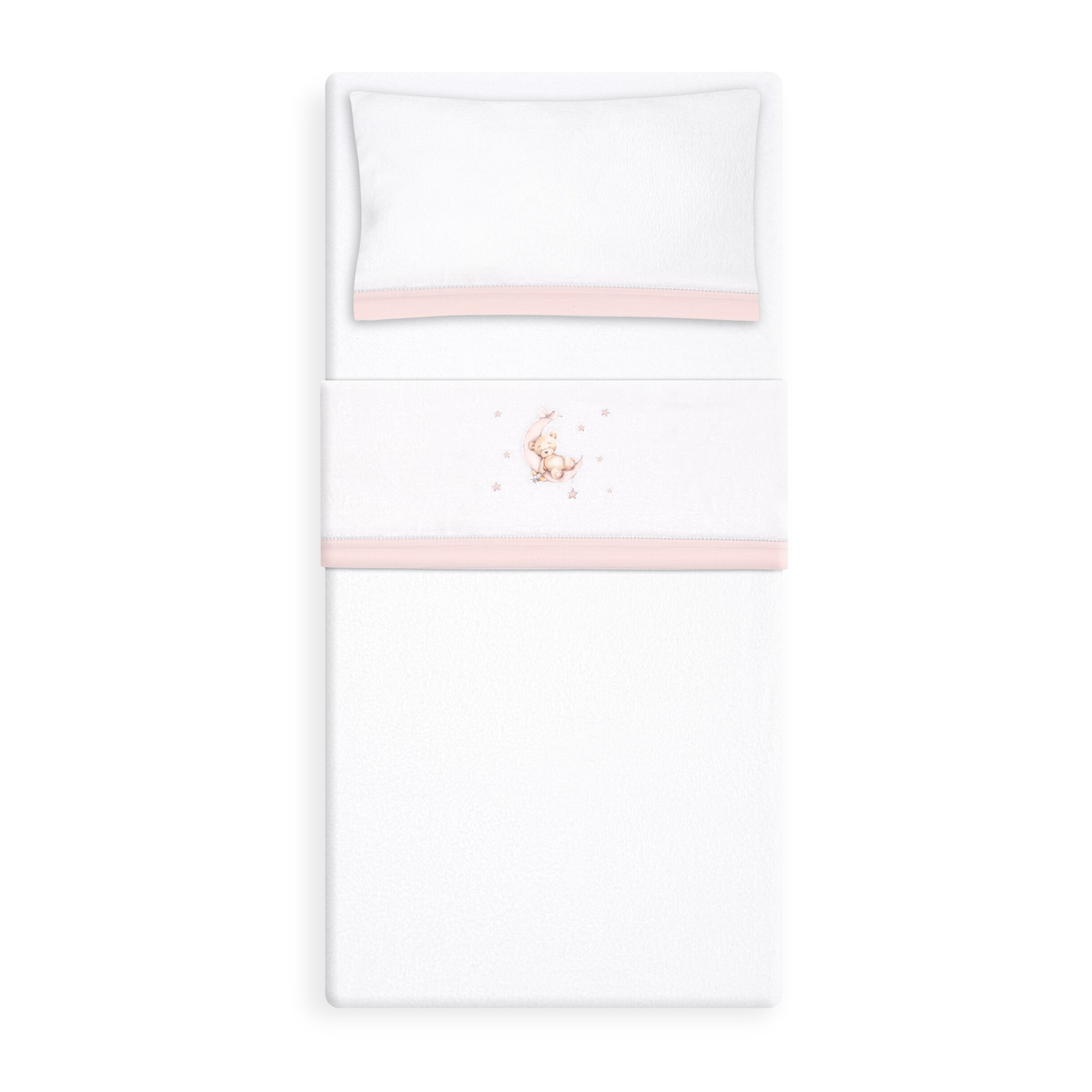Triptico Cuna Coralina Estampado Oso Luna Estrellas + Broche Bco/Rosa
