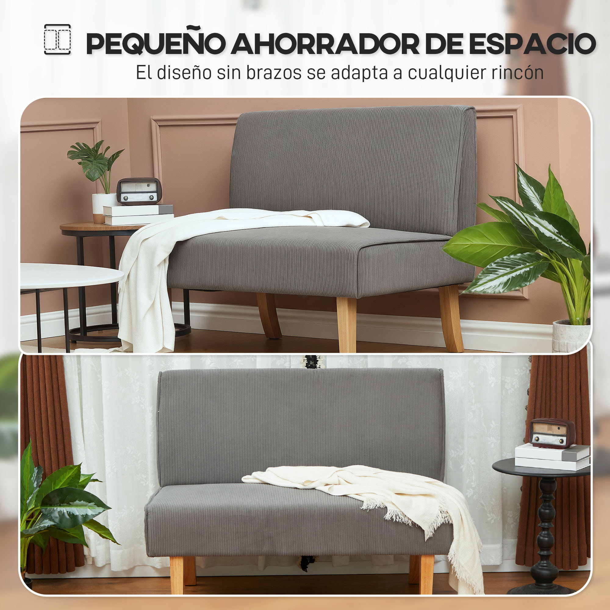 Sofá de 2 Plazas Tapizado en Pana Sofá de Salón sin Brazos con 2 Puertos USB 1 Puerto Tipo-C y Patas de Madera Sofá Pequeño Carga 220 kg 110x60x85 cm Gris