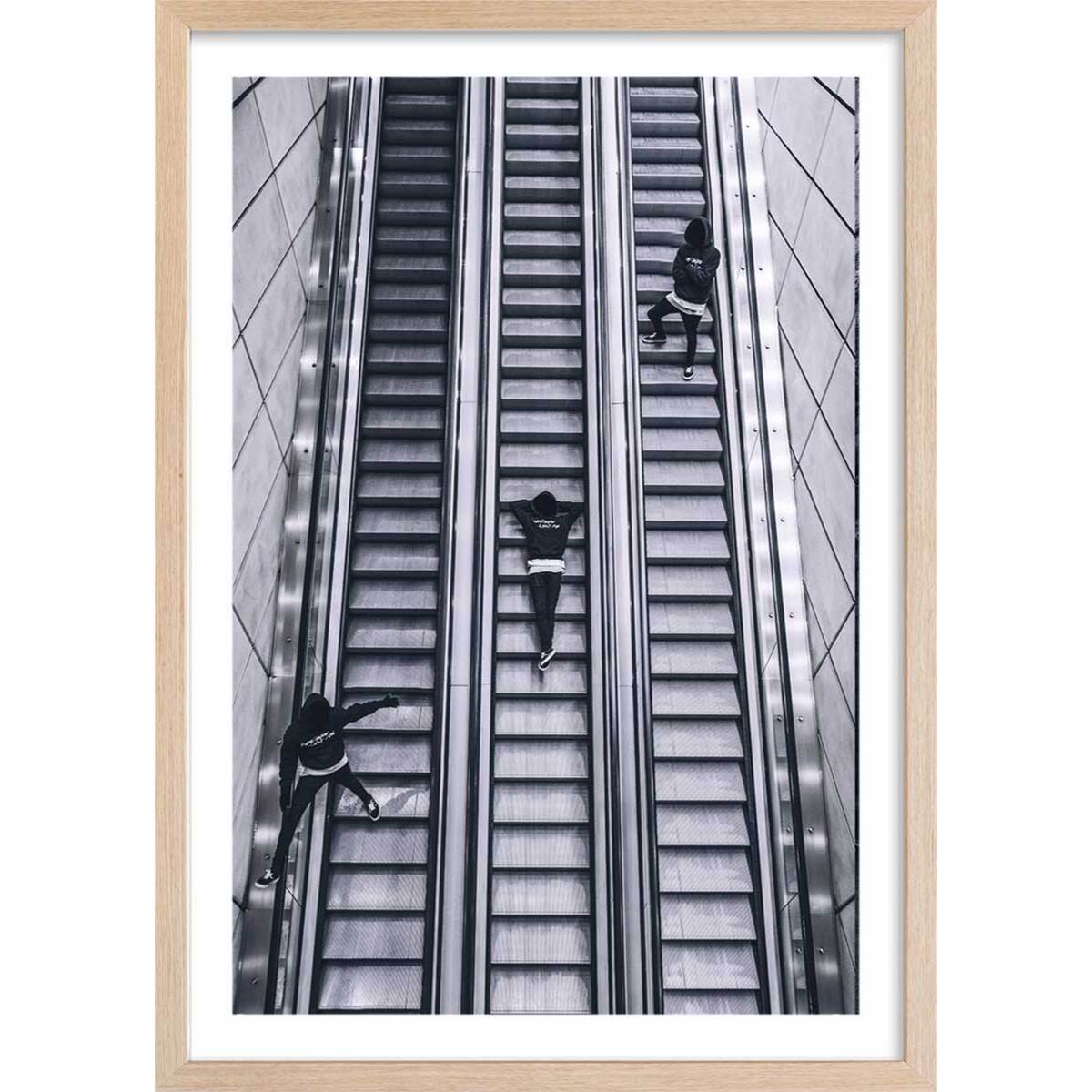 Affiche noir et blanc clic clac escalators Affiche + cadre en bois - Chêne