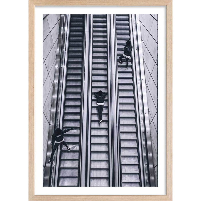 Affiche noir et blanc clic clac escalators Affiche + cadre en bois - Chêne