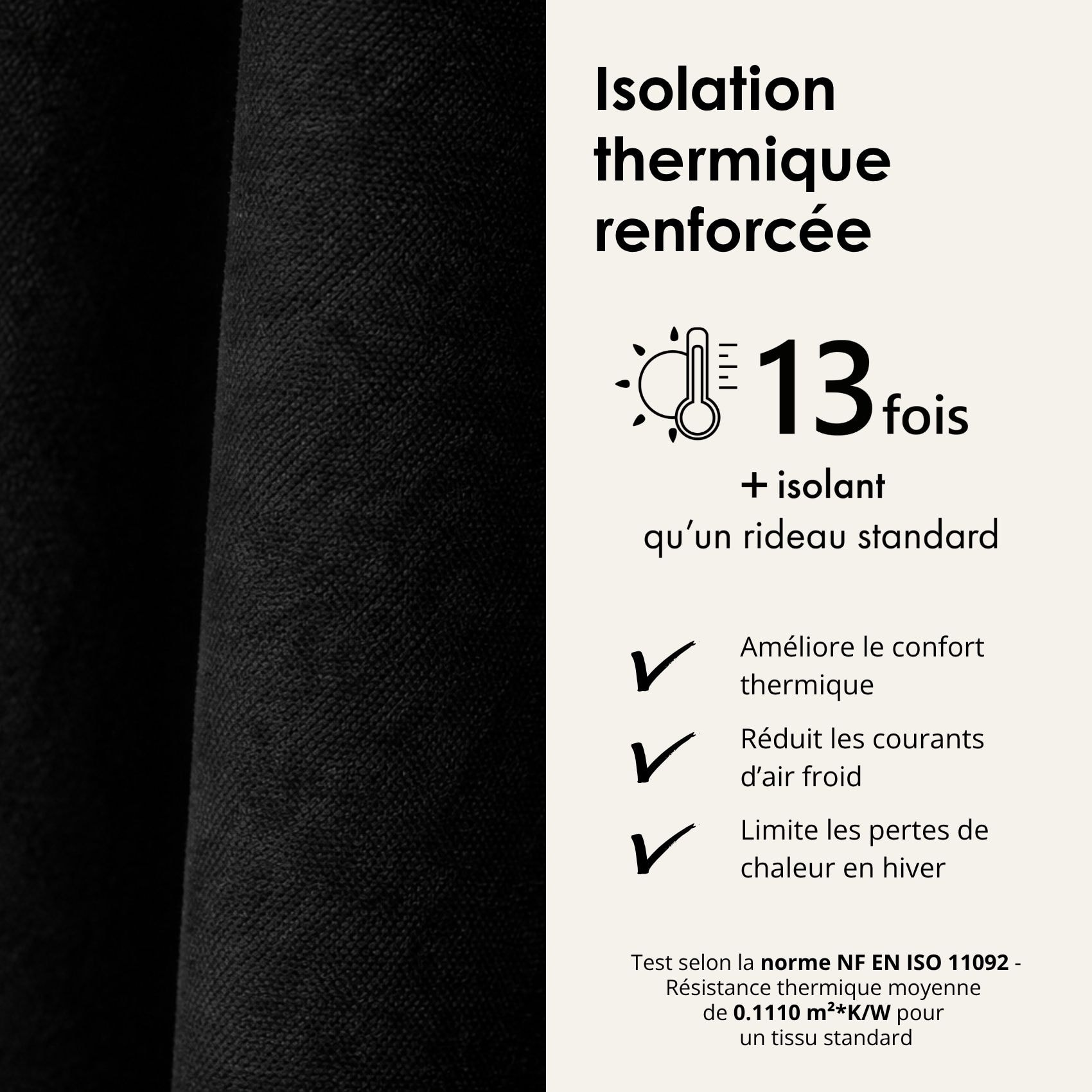 Rideau thermique phonique et semi occultant à galons fronceurs KONFOR - Noir