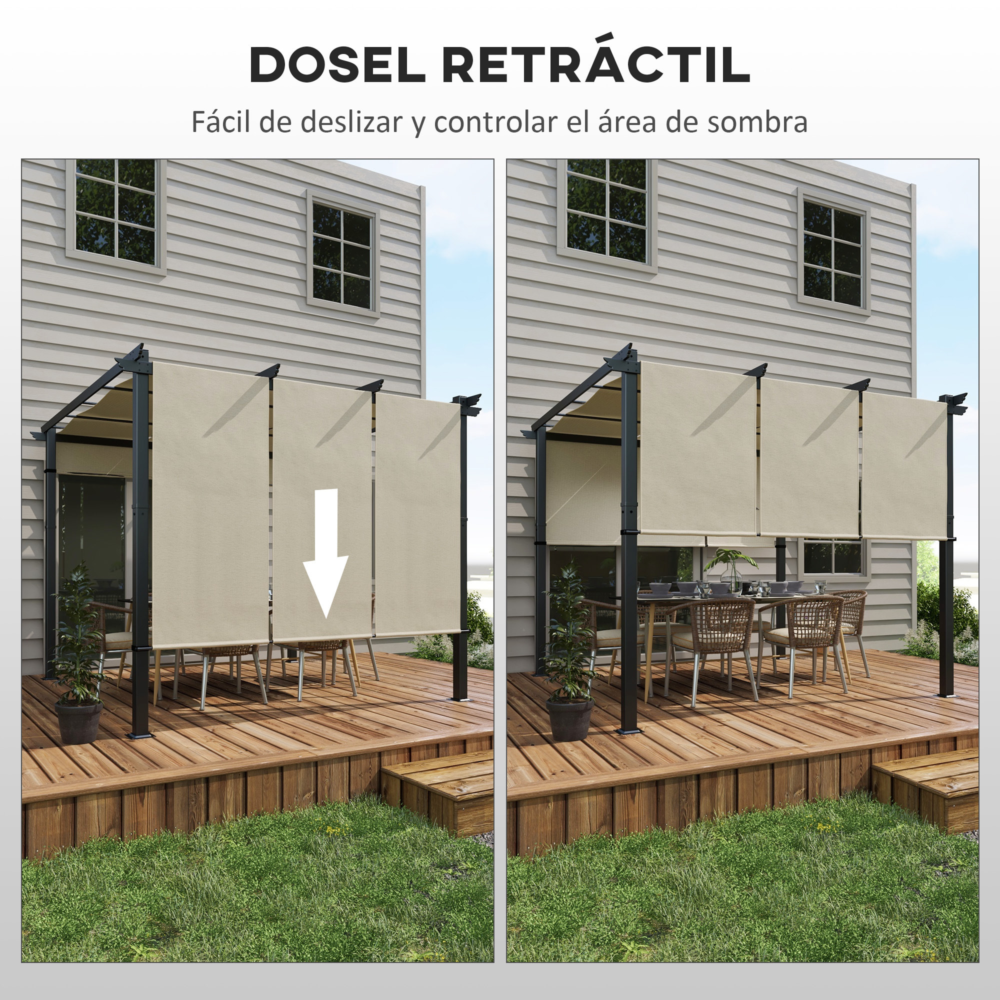 Pérgola de Jardín 3x3 m Cenador para Exterior con Techo Retráctil Marco de Acero Impermeable y Anti-UV para Terraza Patio Beige