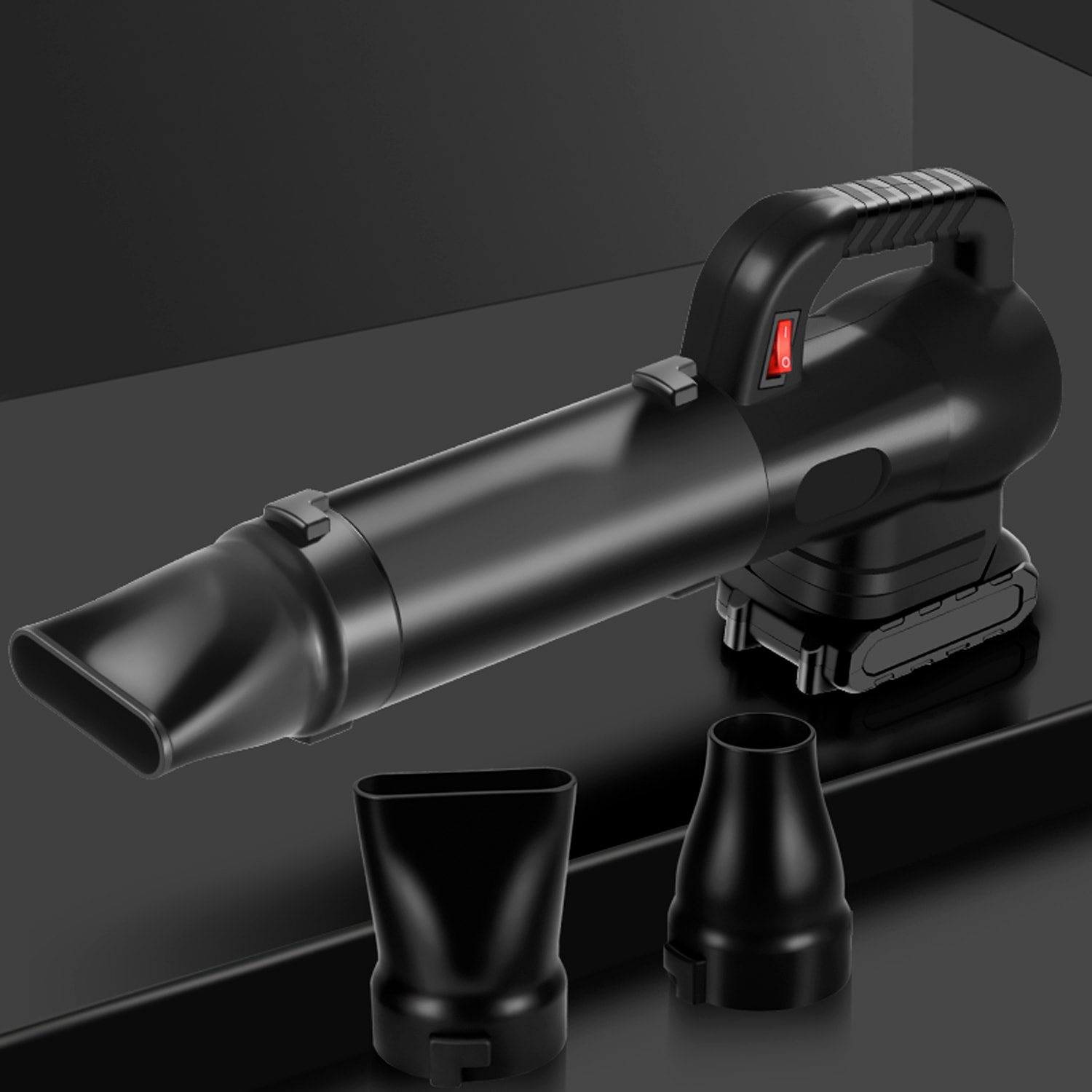 Soplador turbo con asa 21V, 1050W y 15000 mAh. Con 3 boquillas diferentes.