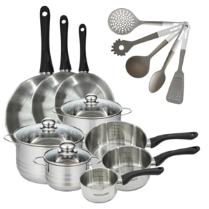 Batterie de cuisine avec 3 faitouts 16/20/24 cm et 3 casseroles 12/16/20 cm et 5 ustensiles de cuisine Fackelmann Généva Brillant Vario
