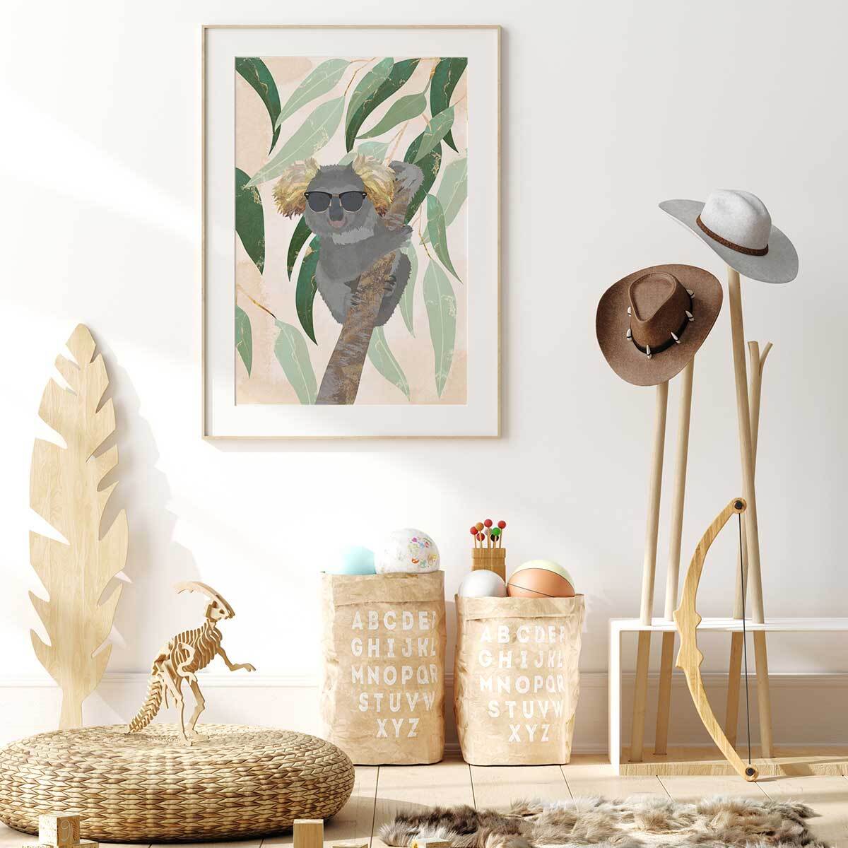 Affiche enfant cool koala  Affiche + cadre en bois - Chêne