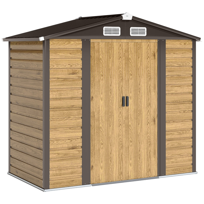 Abri de jardin métal cabanon 2,36m² dim. 213x 120x 166/194Hcm - 2 portes, cadenas, clé, gants inclus - acier effet bois taupe