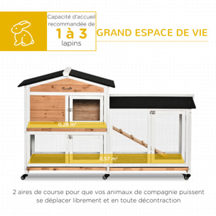 Clapier bois sur roulettes 2 niv. 3 plateaux déjections coulissants sapin blanc pré-huilé