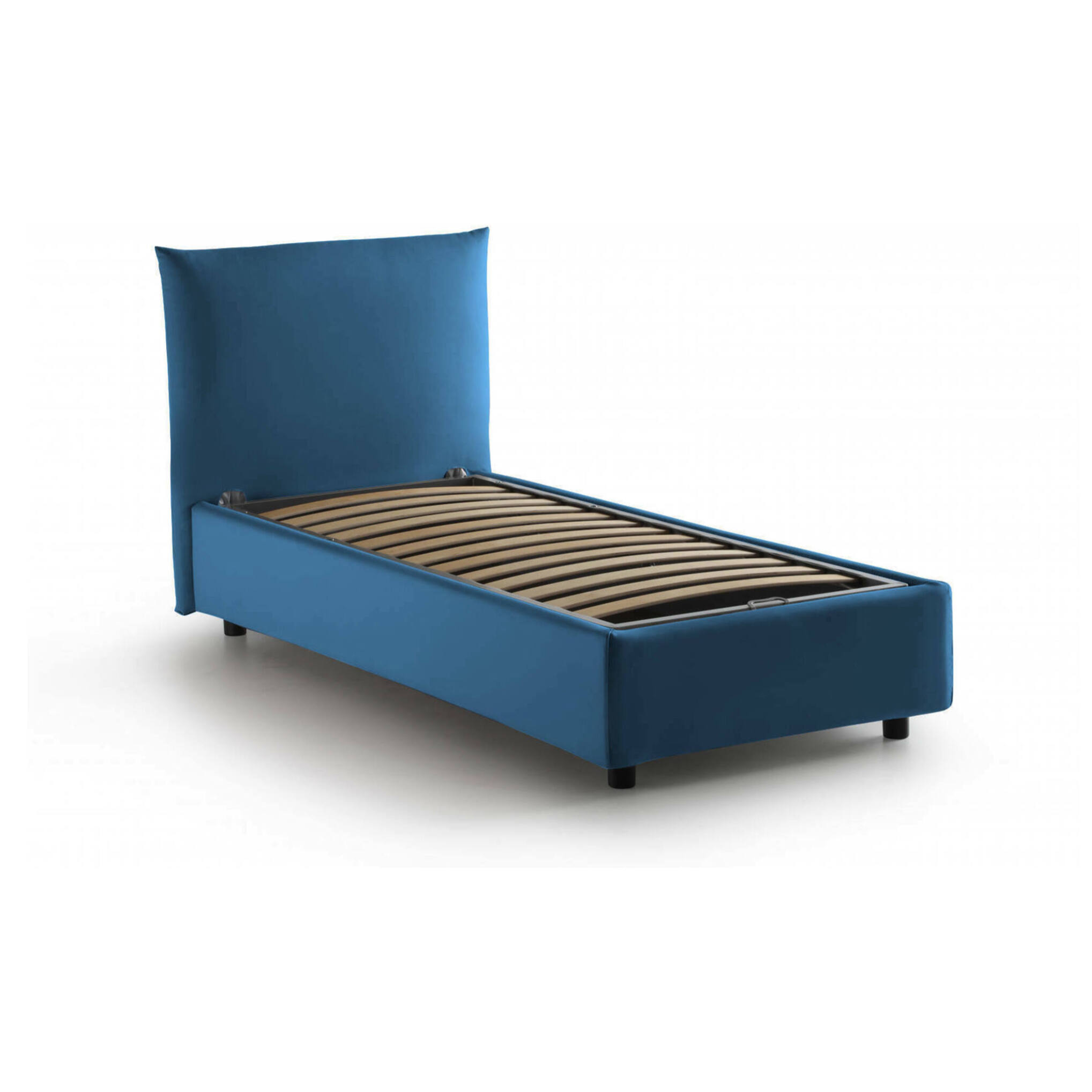 Letto singolo Clarissa, Letto contenitore con rivestimento in tessuto, 100% Made in Italy, Apertura frontale, adatto per materasso Cm 80x190, Blu