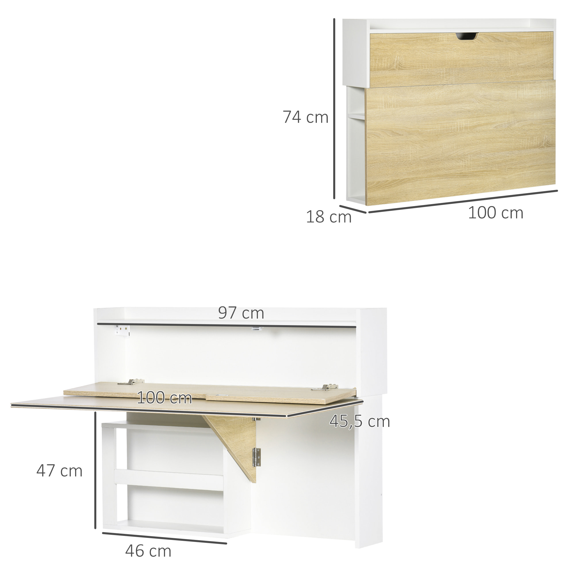 Bureau pliable mural avec étagères de rangement et placard, bureau rabattable, effet bois naturel