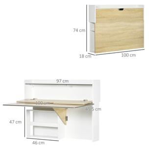 Bureau pliable mural avec étagères de rangement et placard, bureau rabattable, effet bois naturel