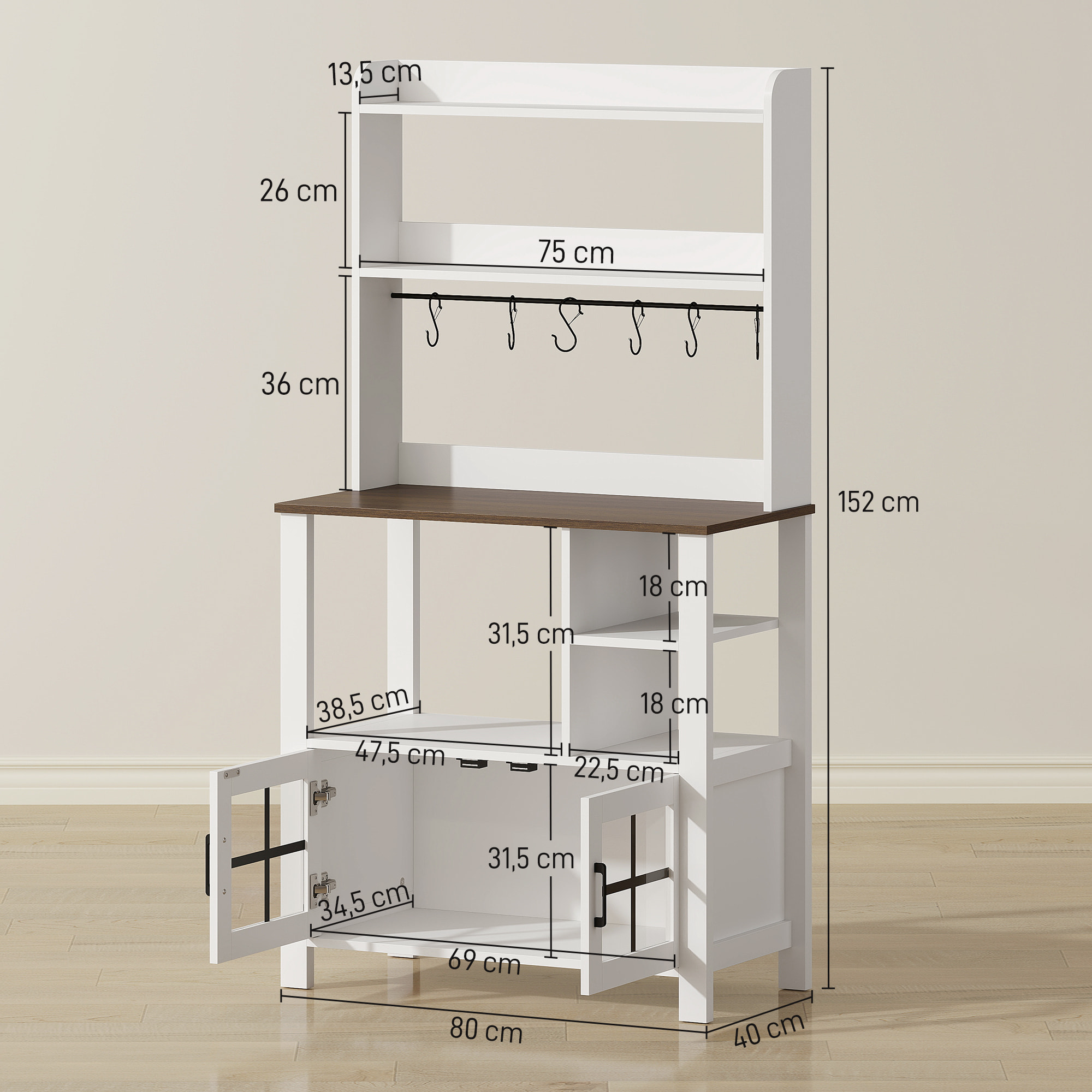 Alacena de Cocina Alta, Mueble Auxiliar de Cocina, con 6 Ganchos para Tazas, 2 Puertas de Vidrio, Estantes Abiertos, Blanco, 80x40x152 cm