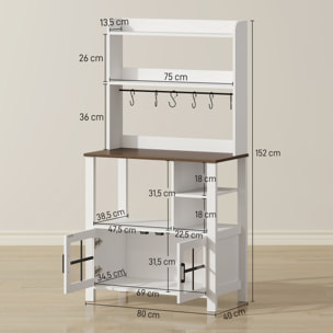 Alacena de Cocina Alta, Mueble Auxiliar de Cocina, con 6 Ganchos para Tazas, 2 Puertas de Vidrio, Estantes Abiertos, Blanco, 80x40x152 cm