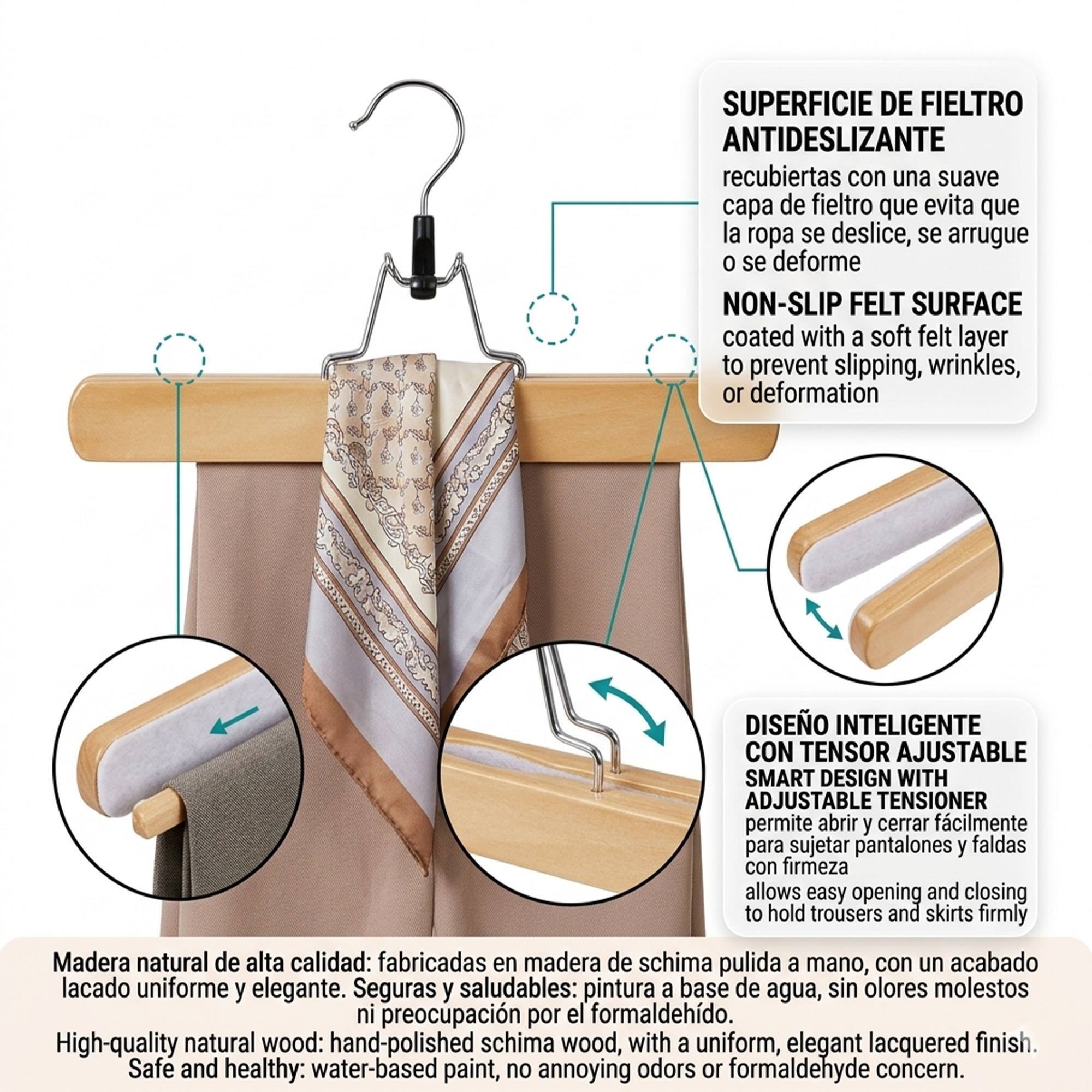 Set de perchas para pantalones - Madera antideslizante con Fieltro y Gancho giratorio