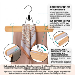 Set de perchas para pantalones - Madera antideslizante con Fieltro y Gancho giratorio