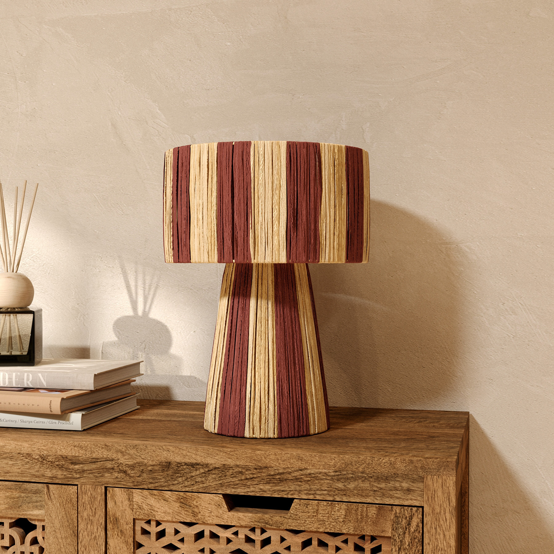 Lampe rayée terracotta en feuille de palmier - Soléa