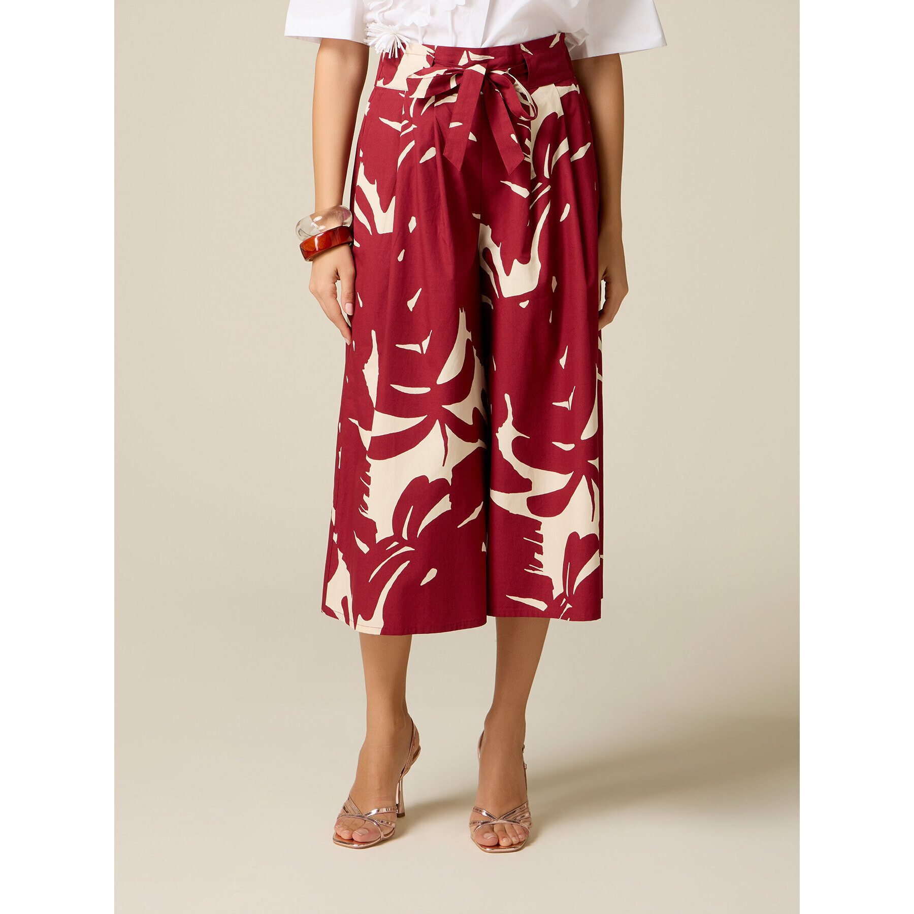 Oltre - Falda pantalón en popelín estampado - Rojo
